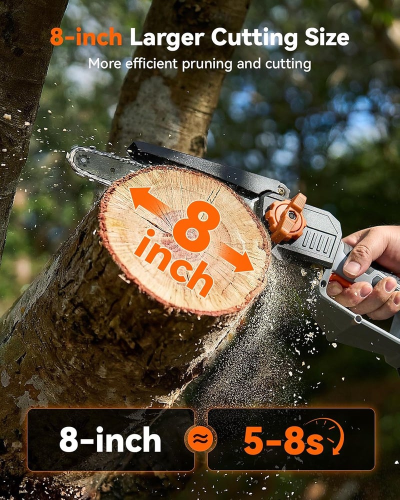 TaskStar 8-Inch Mini Chainsaw Cordless, Brushless Motor, 2×2000mAh Batteries, Lightweight Handheld Electric Chain Saw for Cutting Thick Branches, Tree Trimming, Wood Cutting, Easy to Use & Maintain - Image 2